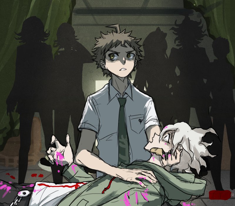 3girls 4boys bangs black_pants bottle bow breast_pocket dangan_ronpa_(series) dangan_ronpa_2:_goodbye_despair english_commentary flipped_hair green_jacket grey_hair hinata_hajime jacket komaeda_nagito kuzuryuu_fuyuhiko long_sleeves looking_at_another medium_hair messy_hair multiple_boys multiple_girls nanami_chiaki necktie open_clothes open_jacket owari_akane pants pink_blood pocket print_shirt shirt short_hair short_sleeves silhouette sonia_nevermind souda_kazuichi teeth what_if white_shirt whtie_shirt yandr4hope