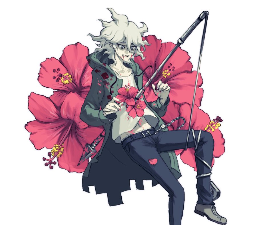 1boy bangs belt black_belt black_pants chain coat collarbone dangan_ronpa_(series) dangan_ronpa_2:_goodbye_despair flower foot_out_of_frame gloves green_coat grey_background grey_hair hood hood_down impaled jacket komaeda_nagito long_sleeves male_focus messy_hair navel open_clothes open_coat open_mouth pants red_flower saliva shirt short_hair simple_background smile solo symbol_commentary upper_teeth weapon white_background white_hair yandr4hope