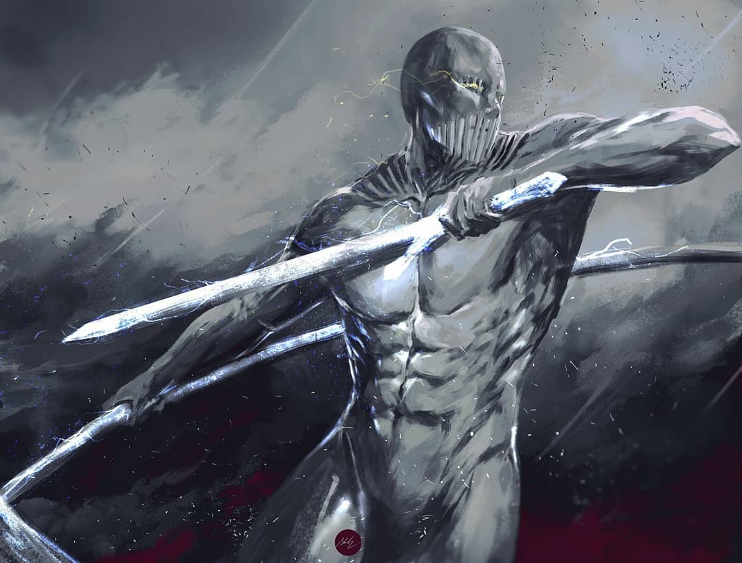 1boy abs dual_wielding holding holding_sword holding_weapon male_focus muscular muscular_male shimhaq shingeki_no_kyojin signature solo standing sword war_hammer_titan weapon yellow_eyes