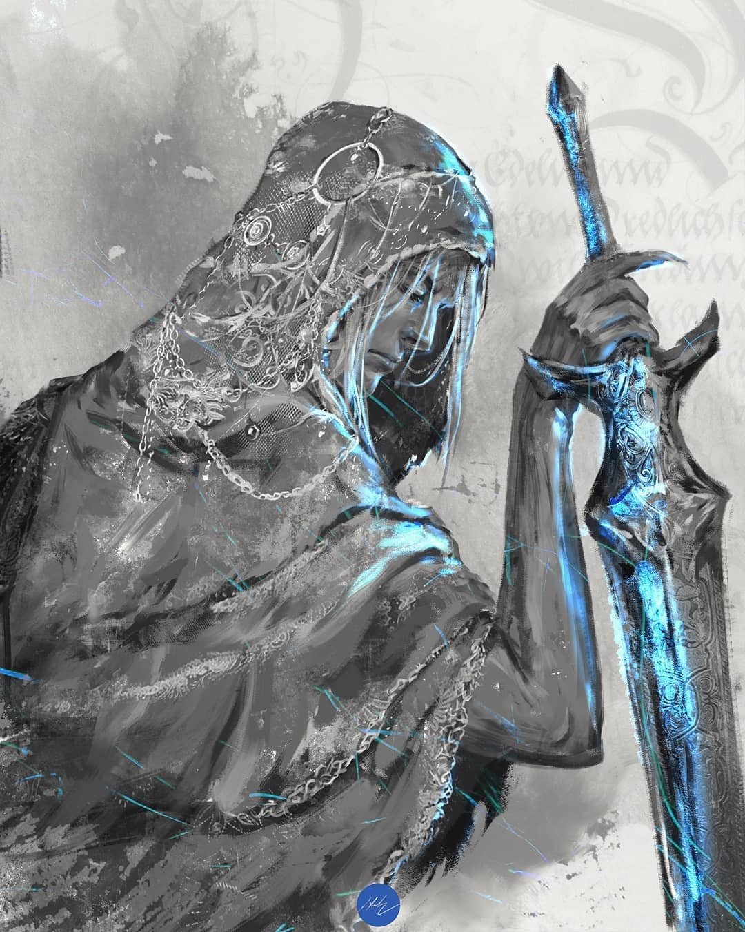 1boy closed_mouth commentary english_commentary fingernails hand_up highres holding holding_sword holding_weapon hood hood_up long_fingernails lothric_(younger_prince) male_focus robe sharp_fingernails shimhaq signature solo souls_(series) sword veil weapon
