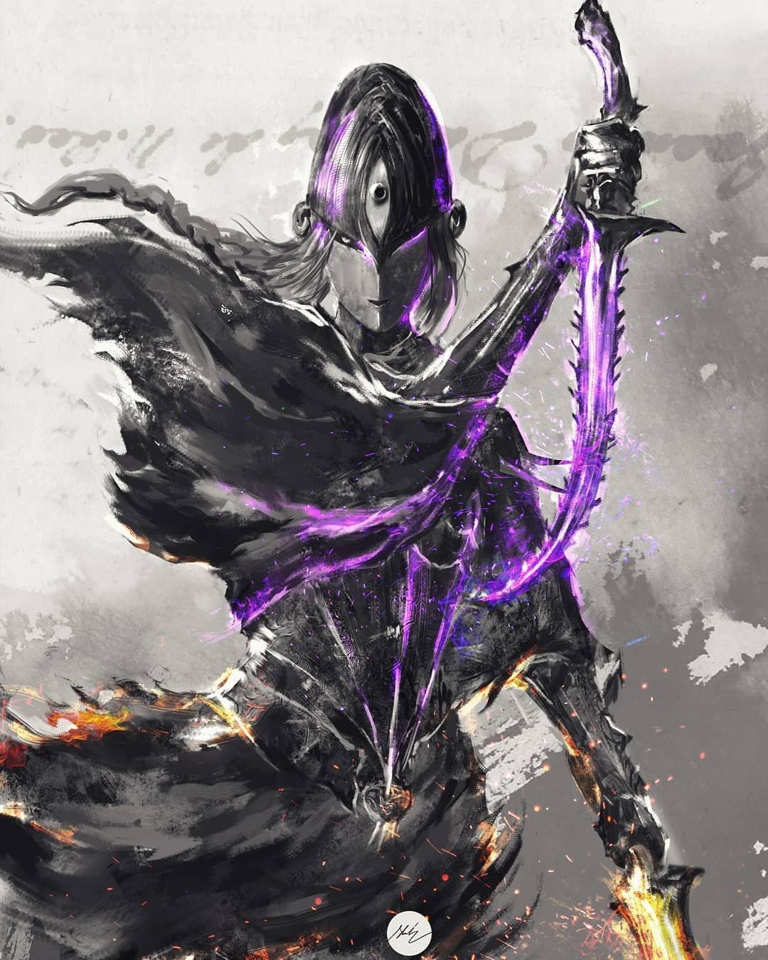 1girl armor braid capelet cowboy_shot dagger dark_souls_i dual_wielding full_armor helmet highres holding holding_dagger holding_weapon knife long_hair looking_at_viewer lord's_blade_ciaran reverse_grip shimhaq signature solo souls_(series) standing weapon