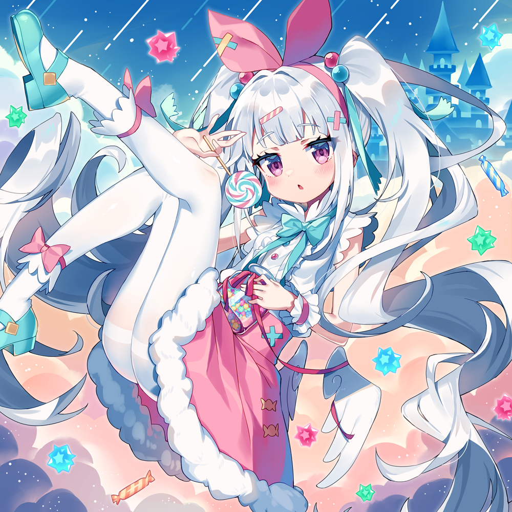 1girl arcaea arm_up bangs blush candy castle character_request chestnut_mouth eyebrows_visible_through_hair food fur-trimmed_skirt fur_trim hair_bobbles hair_ornament hairband hairclip holding holding_food knee_up leg_up lollipop long_hair looking_at_viewer pantyhose parted_lips pink_hairband pink_skirt shirt silver_hair skirt sleeveless sleeveless_shirt solo swirl_lollipop thighband_pantyhose twintails very_long_hair violet_eyes wagashi928 white_legwear white_shirt x_hair_ornament