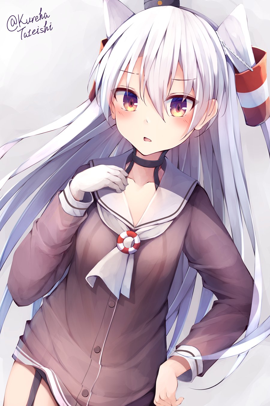 1girl amatsukaze_(kancolle) brown_dress cowboy_shot dress garter_straps gloves grey_background hair_tubes hat highres kantai_collection lifebuoy_ornament long_hair mini_hat sailor_dress short_dress silver_hair simple_background single_glove smokestack_hair_ornament solo tateishi_kureha two_side_up white_gloves windsock