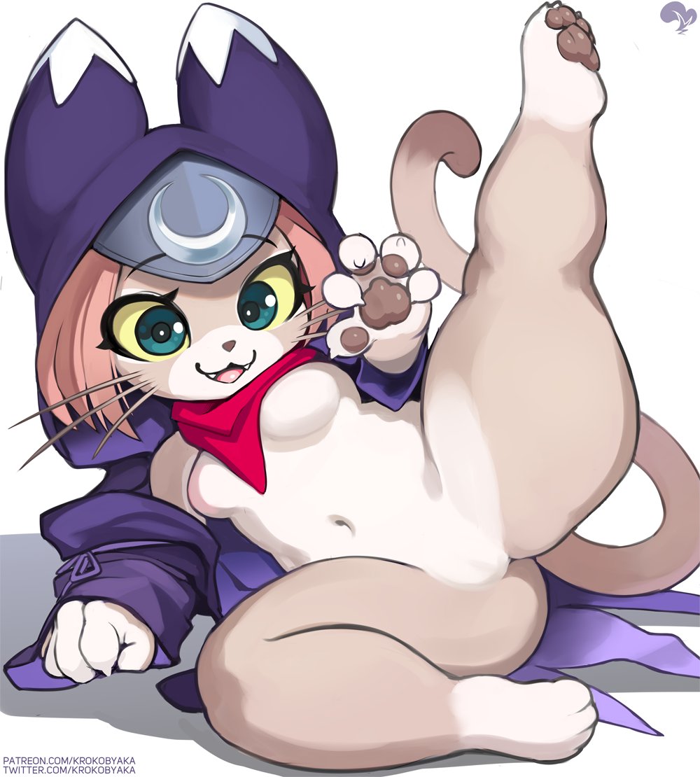 1girl :3 animal_hood blue_eyes breasts cat_girl cat_hood cat_tail claws colored_sclera fangs felyne furry hood krokobyaka leg_up looking_at_viewer lying monster_hunter_(series) monster_hunter_stories_2 navel on_side open_mouth paws pink_hair short_stack simple_background smile stomach tail thick_thighs thighs tsukino_(monster_hunter) whiskers yellow_sclera