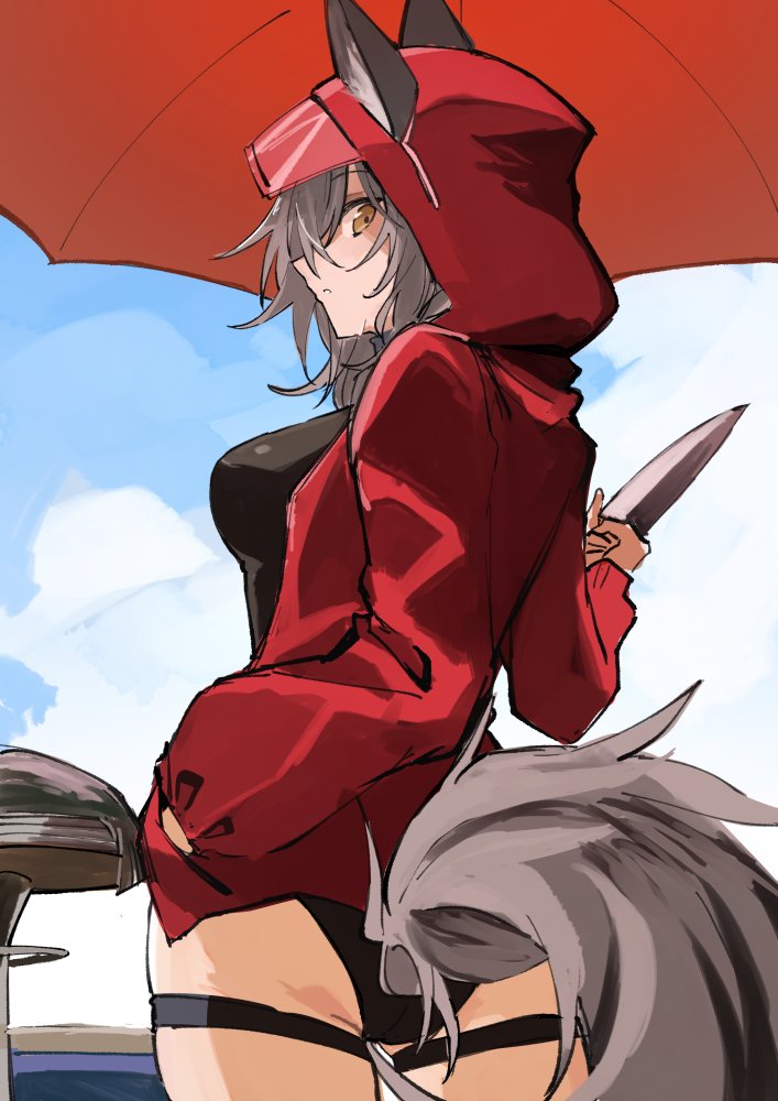1girl animal_ears arknights beach_umbrella black_swimsuit blue_sky breasts clouds cowboy_shot ears_through_headwear exion_(neon) facing_away grey_hair hand_in_pocket highleg highleg_swimsuit holding holding_knife hood hood_up jacket knife looking_at_viewer looking_back medium_breasts medium_hair one-piece_swimsuit open_clothes open_jacket outdoors projekt_red_(arknights) projekt_red_(light_breeze)_(arknights) red_jacket sky solo swimsuit tail thigh_strap umbrella wolf_ears wolf_girl wolf_tail yellow_eyes