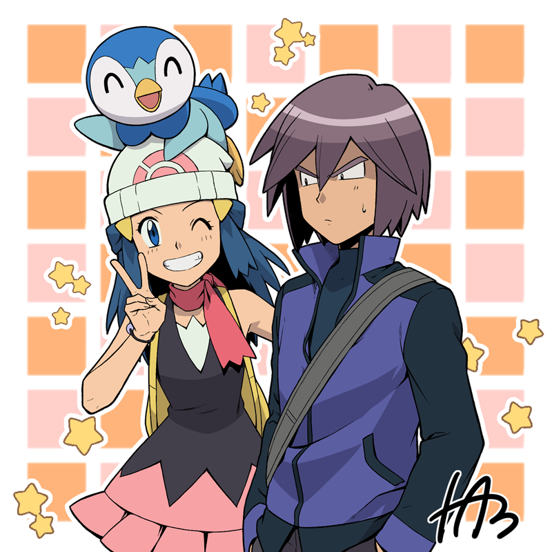 1boy 1girl backpack bag bangs beanie blue_eyes blue_hair bracelet closed_mouth commentary_request hikari_(pokemon) eyelashes gen_4_pokemon grin hair_between_eyes hair_ornament hairclip hand_up hands_in_pockets hat jacket jewelry looking_at_viewer on_head one_eye_closed outline paul_(pokemon) pink_scarf piplup pokemon pokemon_(anime) pokemon_(creature) pokemon_dppt_(anime) pokemon_on_head popped_collar scarf short_hair sleeveless smile star_(symbol) starter_pokemon strap sweatdrop tamura_(kouititamura) teeth v white_headwear yellow_bag