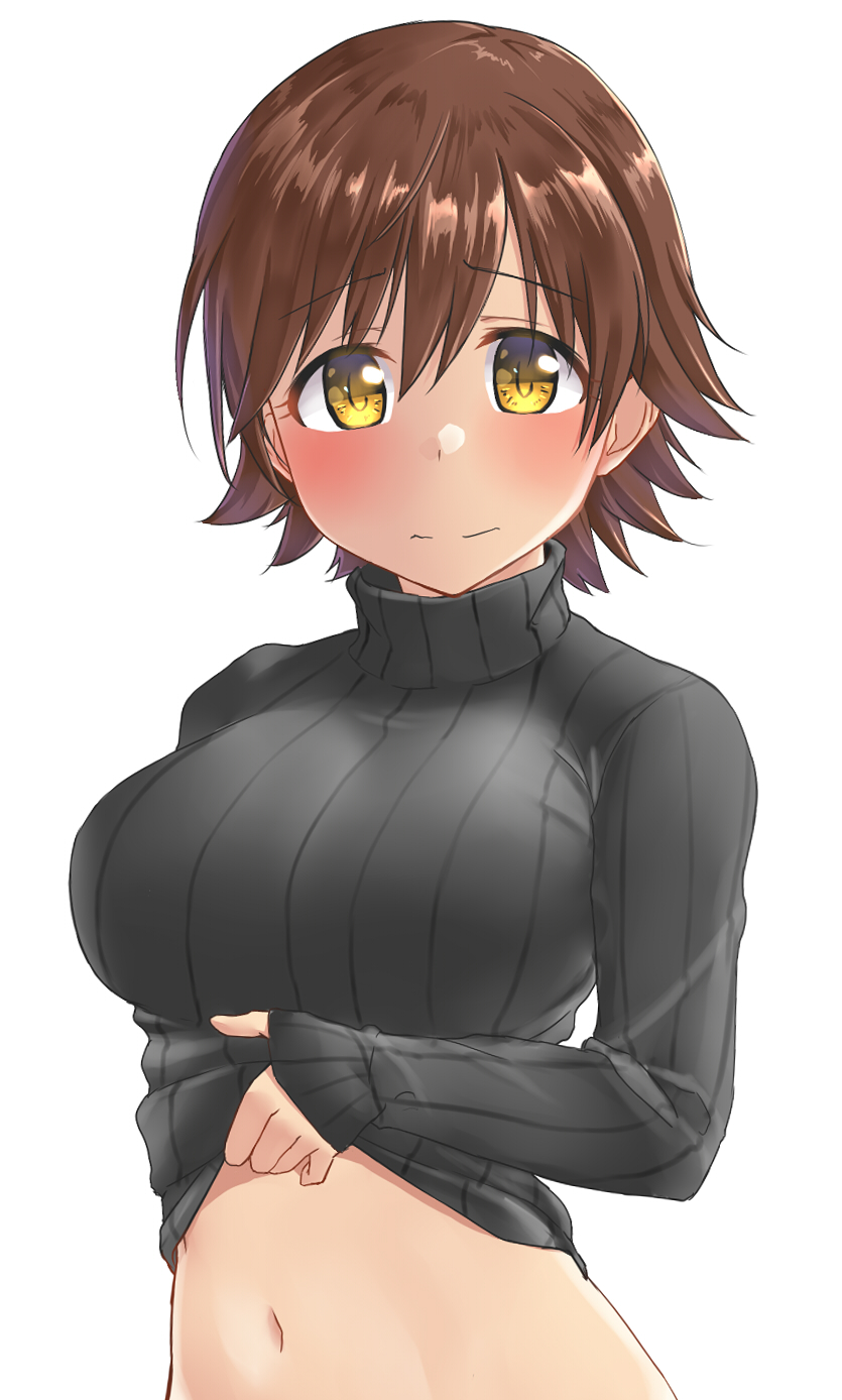 1girl aimobake blush brown_hair closed_mouth clothes_lift highres honda_mio idolmaster idolmaster_cinderella_girls lifted_by_self long_sleeves looking_at_viewer navel ribbed_sweater simple_background smile solo sweater sweater_lift turtleneck turtleneck_sweater upper_body white_background yellow_eyes