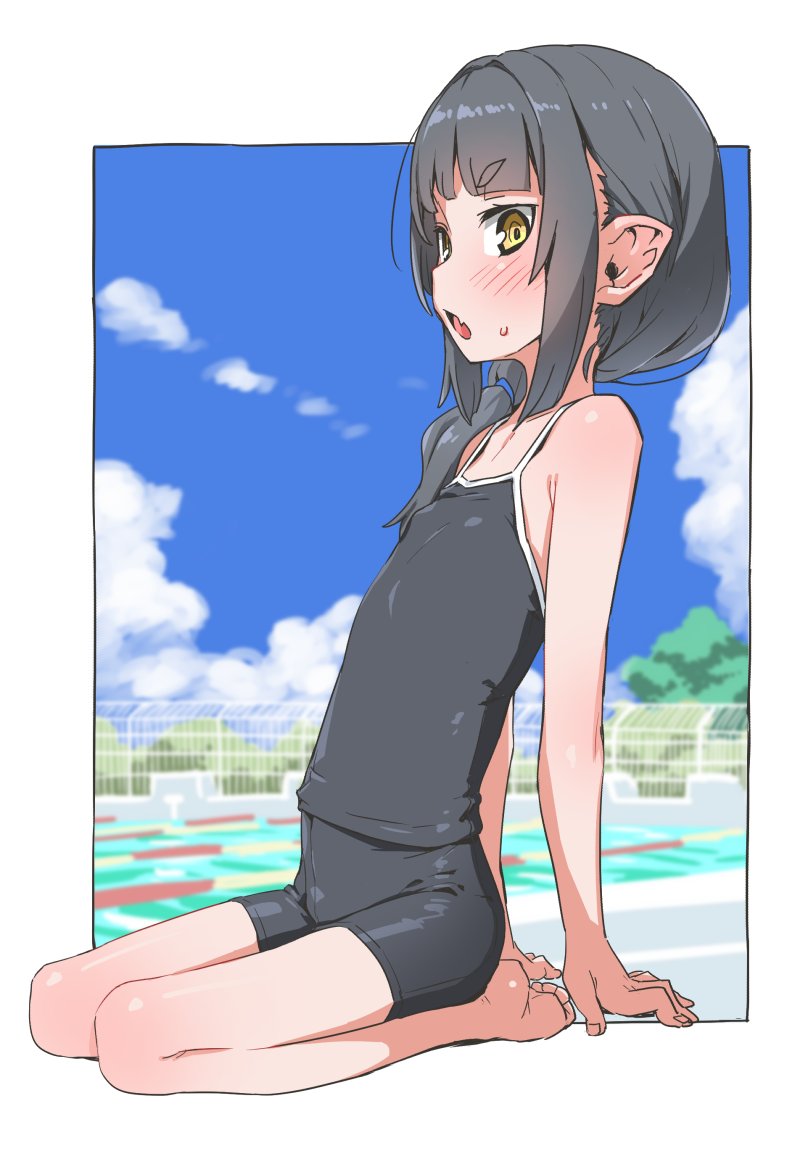 1girl akari_(raigou) arm_support bangs bare_shoulders barefoot black_camisole black_hair black_shorts blue_sky blunt_bangs blush border camisole clouds commentary_request eyebrows_visible_through_hair full_body long_hair looking_to_the_side open_mouth original outdoors outside_border pointy_ears ponytail pool raigou seiza short_shorts shorts sitting sky solo sweatdrop white_border yellow_eyes