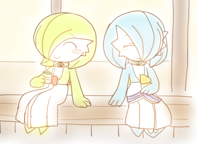 2girls ^_^ alternate_color bangs bench blue_hair blue_skin blush blush_stickers bob_cut book closed_eyes closed_mouth collar colored_skin commentary cup drink eyebrows_visible_through_hair flat_chest full_body gardevoir gen_3_pokemon green_hair green_skin green_tea hair_over_one_eye hand_up happy holding holding_book holding_cup indoors light_blush lotosu mega_stone multicolored multicolored_skin multiple_girls open_book pokemon pokemon_(creature) shiny_pokemon short_hair sitting sketch smile tea two-tone_skin white_skin yunomi