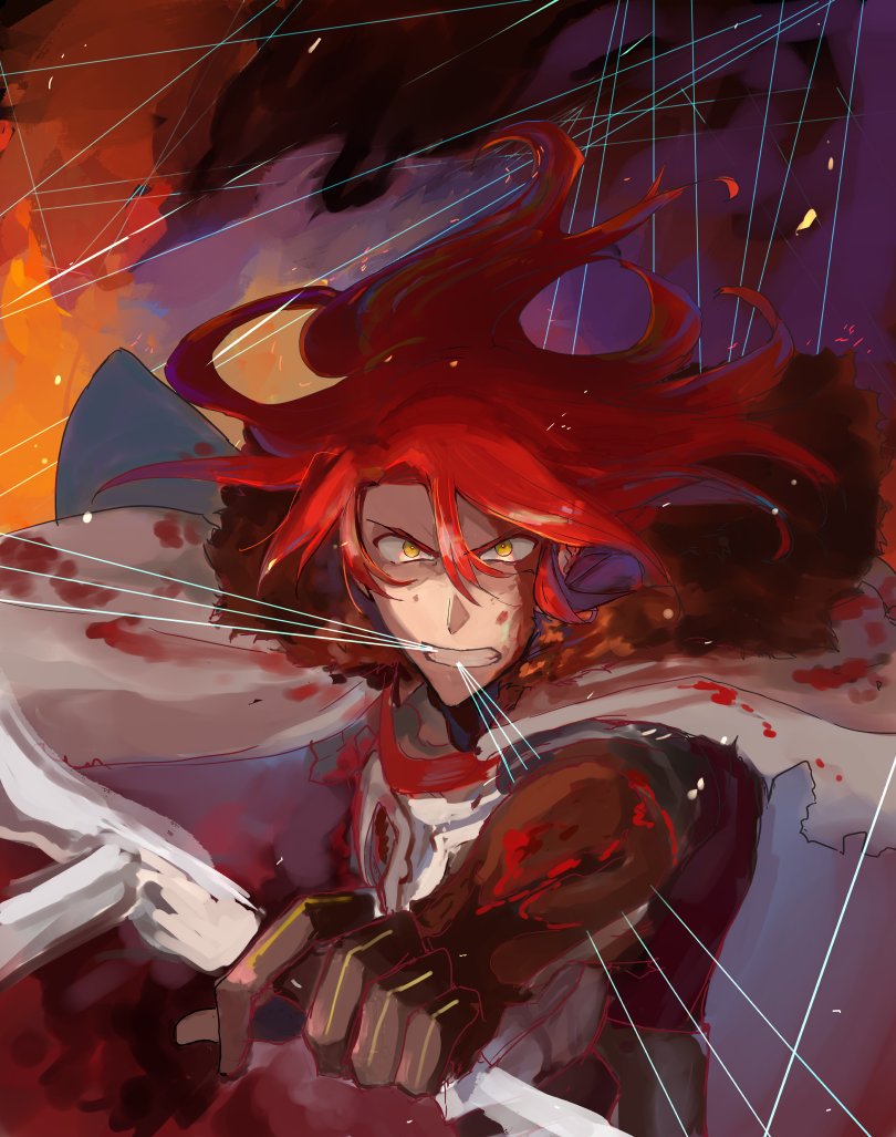 1boy black_gloves blood bloody_clothes bow_(weapon) cape failnaught_(fate) fate/grand_order fate_(series) fire gloves holding holding_bow_(weapon) holding_weapon long_hair male_focus mouth_hold redhead royst string tristan_(fate) weapon yellow_eyes