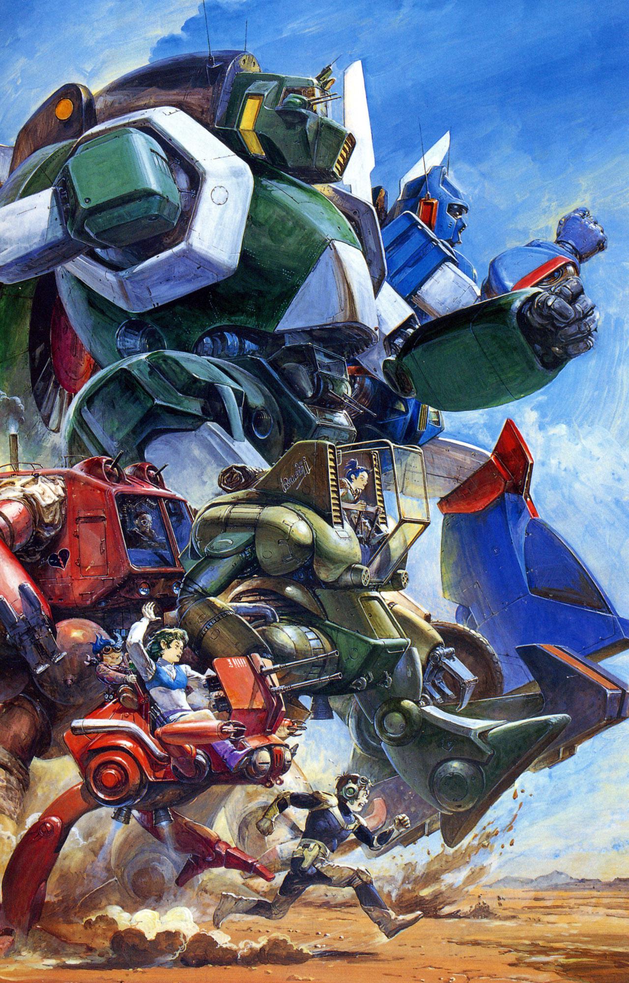 1980s_(style) 2boys 3girls blue_hair bodysuit boots brown_hair chill claws clenched_hands clenched_teeth clouds cloudy_sky damaged desert dirty dust elchi_cargo goggles graffiti green_hair gun headgear highres hover_vehicle jiron_amos machine_gun machinery mecha mechanical_arms multiple_boys multiple_girls official_art pipe ponytail production_art promotional_art racing radio_antenna rag_uralo realistic retro_artstyle rock running scan science_fiction sentou_mecha_xabungle sky smoke takani_yoshiyuki teeth thrusters traditional_media turret walker walker_gallia weapon xabungle_(mecha)