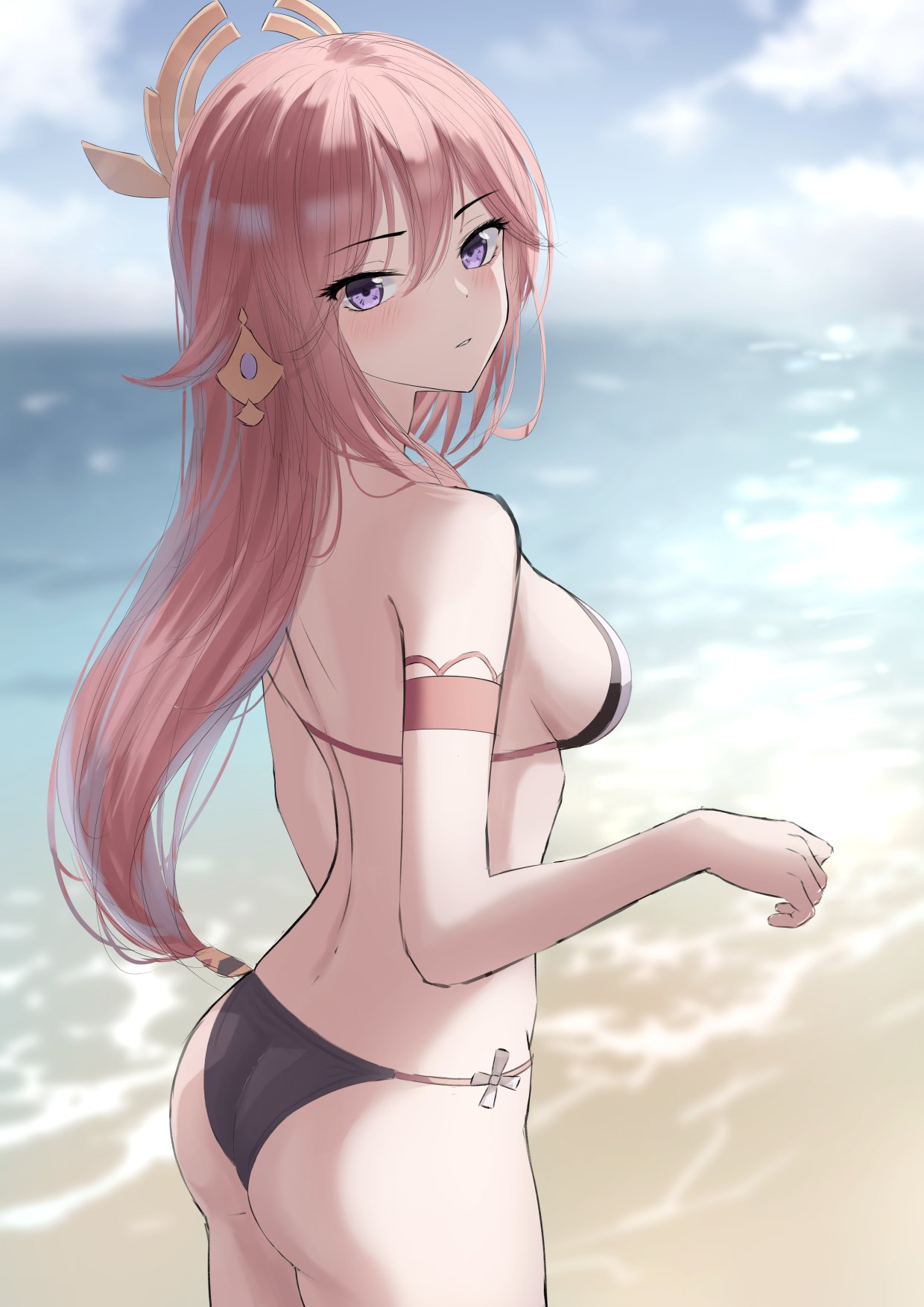 1girl arm_strap ass bare_shoulders beach bikini black_bikini blurry breasts cowboy_shot depth_of_field from_side genshin_impact hair_ornament halterneck highres long_hair looking_at_viewer looking_to_the_side marinesnow medium_breasts mismatched_bikini parted_lips pink_hair sketch solo standing string_bikini swimsuit violet_eyes white_bikini yae_(genshin_impact)