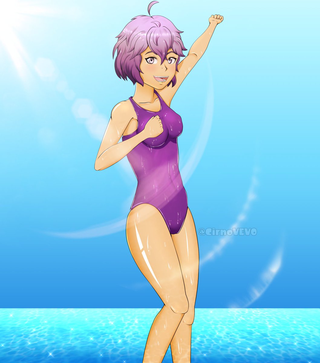 1girl ahoge artist_name bernadetta_von_varley black_eyes blush breasts cirnovevo covered_navel cowboy_shot cute fang fire_emblem fire_emblem:_three_houses fire_emblem:_three_houses fire_emblem_16 fire_emblem_heroes intelligent_systems loli nintendo ocean one-piece_swimsuit open_mouth outdoors purple_hair purple_swimsuit short_hair sky smile solo summer sunlight swimsuit twitter_username water wet