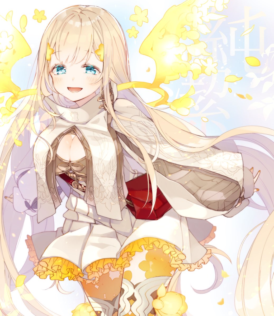 1girl blonde_hair blue_eyes blush cleavage_cutout clothing_cutout dress energy_wings flower hair_flower hair_ornament happy high_collar highres legband long_hair long_sleeves looking_at_viewer mcmcmococo orange_legwear orange_nails petals petticoat puffy_long_sleeves puffy_sleeves rapunzel_(sinoalice) simple_background sinoalice solo thigh-highs very_long_hair yellow_flower