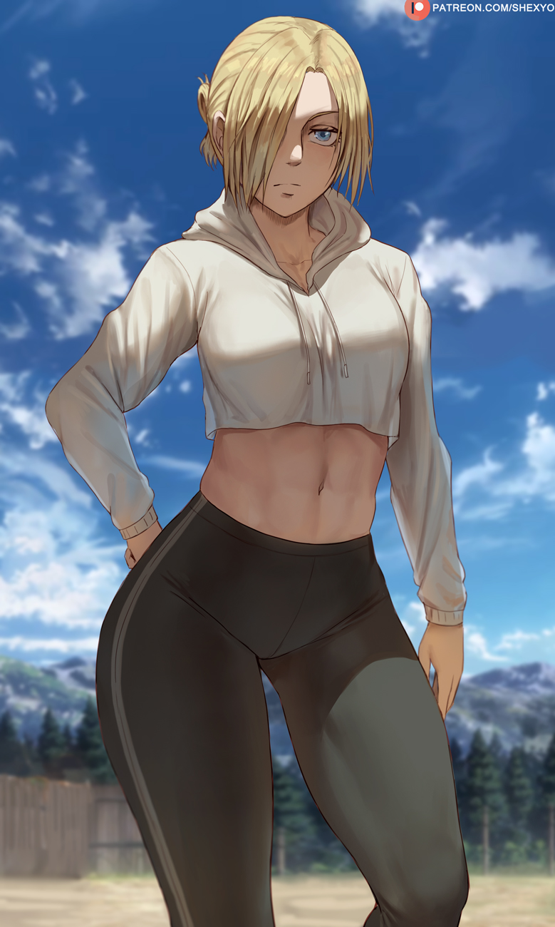 1girl annie_leonhardt black_pants blonde_hair blue_eyes blue_sky breasts closed_mouth clouds day hair_over_one_eye hand_on_hip highres jacket long_sleeves looking_at_viewer medium_breasts midriff navel outdoors pants patreon_username shexyo shingeki_no_kyojin short_hair sky solo standing white_jacket