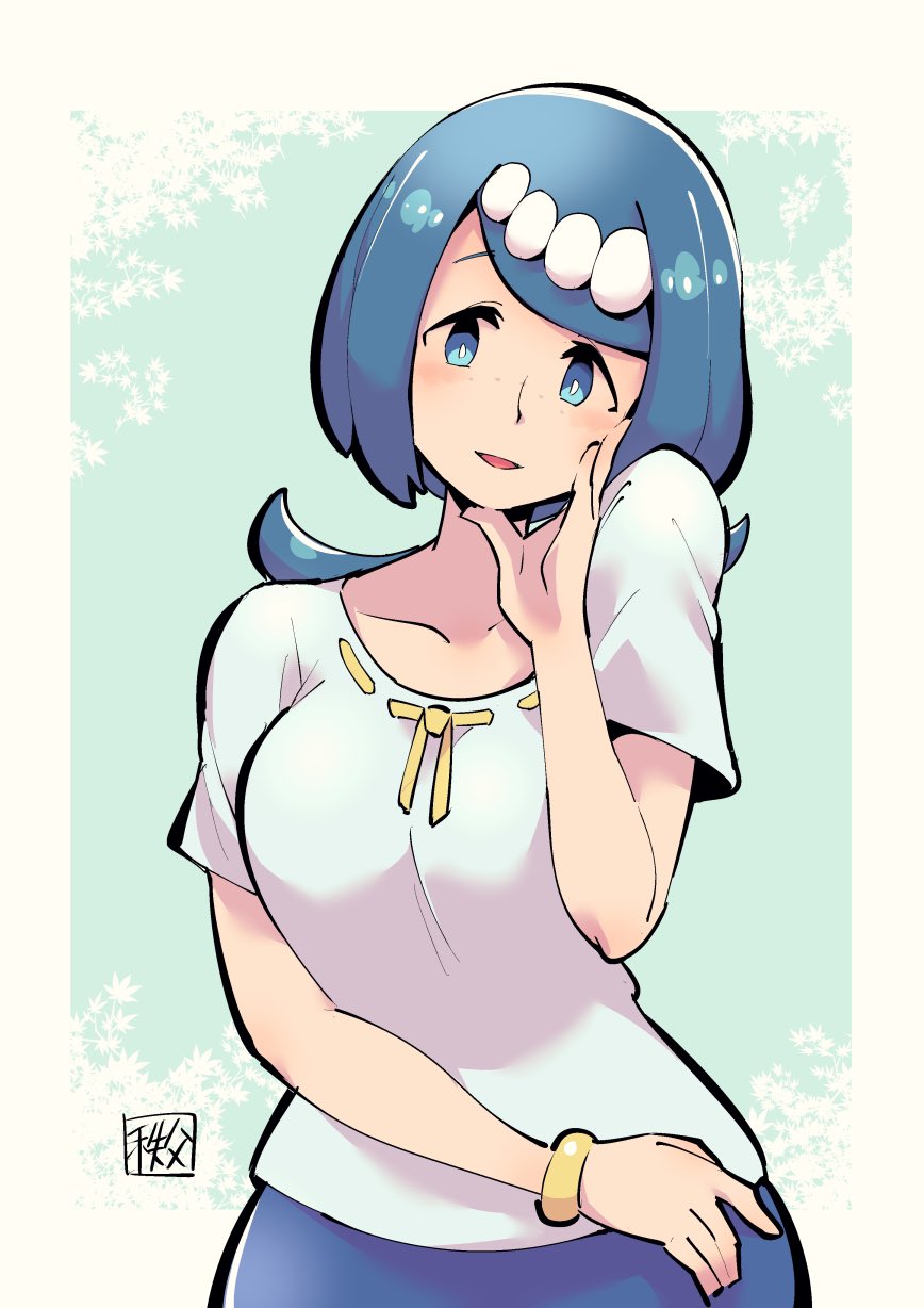 1girl bangs blue_eyes blue_hair blue_skirt blush border breasts bright_pupils chichibu_(chichichibu) collarbone commentary_request freckles hair_ornament hand_up highres lana's_mother_(pokemon) long_hair mature_female no_sclera open_mouth outside_border pokemon pokemon_(anime) pokemon_sm_(anime) raised_eyebrows shirt short_sleeves skirt smile solo tongue white_border white_pupils white_shirt