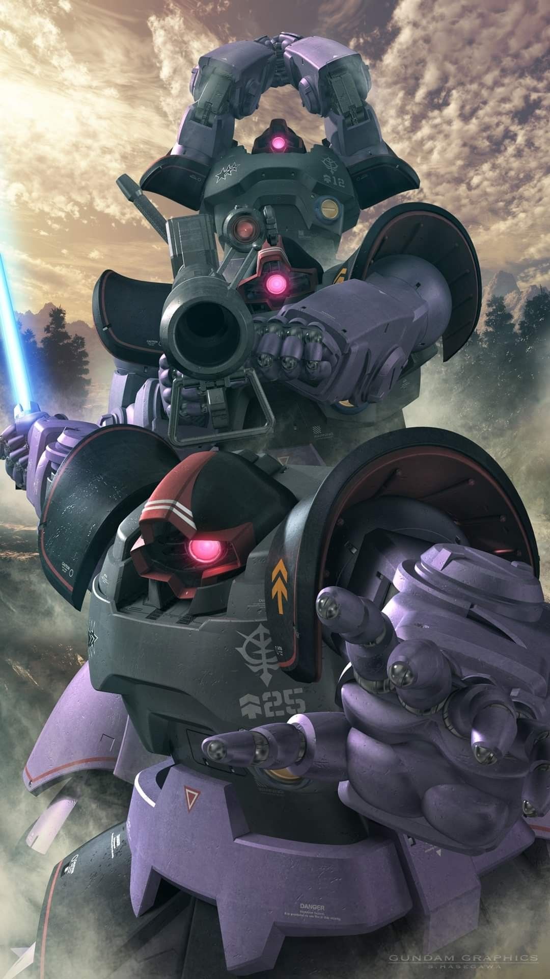 3d aiming_at_viewer battle bazooka_(gundam) beam_saber black_tri-stars clenched_hands clouds cloudy_sky cyclops dom duplicate dust glowing glowing_eye gun gundam hands_together highres holding holding_gun holding_sword holding_weapon jet_stream_attack machinery mecha mobile_suit mobile_suit_gundam no_humans one-eyed open_hand pink_eyes realistic roundel s.hasegawa science_fiction sky sword tree weapon zeon