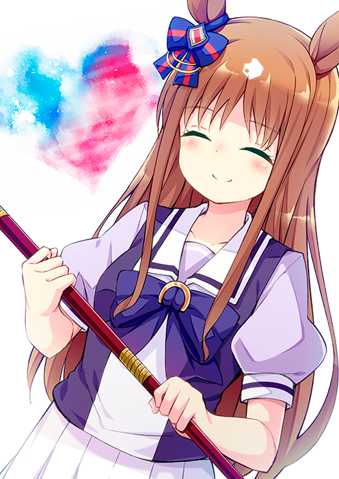 1girl animal_ears blush_stickers bow bowtie closed_eyes collarbone commentary dutch_angle ear_bow eyebrows_visible_through_hair false_smile grass_wonder_(umamusume) holding holding_polearm holding_weapon horse_ears horse_girl horseshoe_ornament long_hair multicolored_hair pleated_skirt polearm puffy_short_sleeves puffy_sleeves purple_bow purple_neckwear purple_shirt sailor_collar sailor_shirt school_uniform shirt short_sleeves sidelocks skirt solo striped striped_bow tekehiro tracen_school_uniform two-tone_hair umamusume weapon white_hair white_skirt