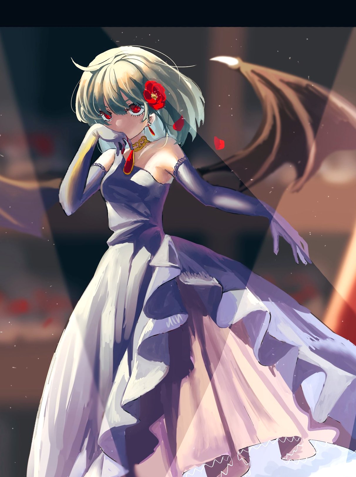 1girl alternate_costume bangs bare_shoulders bat_wings blue_dress blue_gloves blue_hair blurry blurry_background breasts bright_pupils brooch covering_mouth dark_background depth_of_field dress elbow_gloves eyebrows_behind_hair falling_petals feet_out_of_frame flower gloves hair_between_eyes highres jewelry light_particles looking_at_viewer medium_hair necklace no_hat no_headwear petals poppy_(flower) red_eyes red_flower remilia_scarlet simple_background small_breasts solo touhou wings y_kirisame_sk