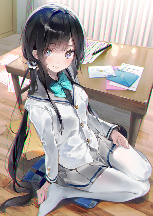 1girl bangs black_hair blinds blue_bow blue_eyes blue_neckwear blush bow bowtie closed_mouth dsmile envelope floor grey_sailor_collar grey_skirt indoors long_hair long_sleeves looking_at_viewer original pantyhose pen pillow pleated_skirt sailor_collar school_uniform serafuku shirt sitting skirt smile solo table twintails wariza white_legwear white_shirt