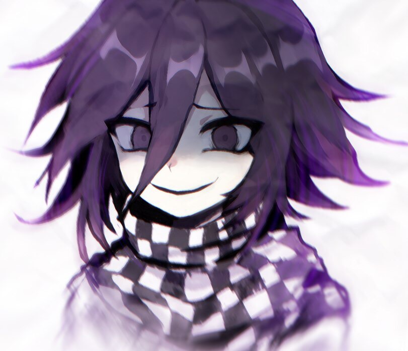 1boy bangs blurry blurry_foreground checkered checkered_neckwear checkered_scarf dangan_ronpa_(series) dangan_ronpa_v3:_killing_harmony depth_of_field english_commentary grey_background hair_between_eyes looking_at_viewer male_focus multicolored_hair open_mouth ouma_kokichi pale_skin portrait purple_hair scarf short_hair simple_background smile solo two-tone_hair v1v404