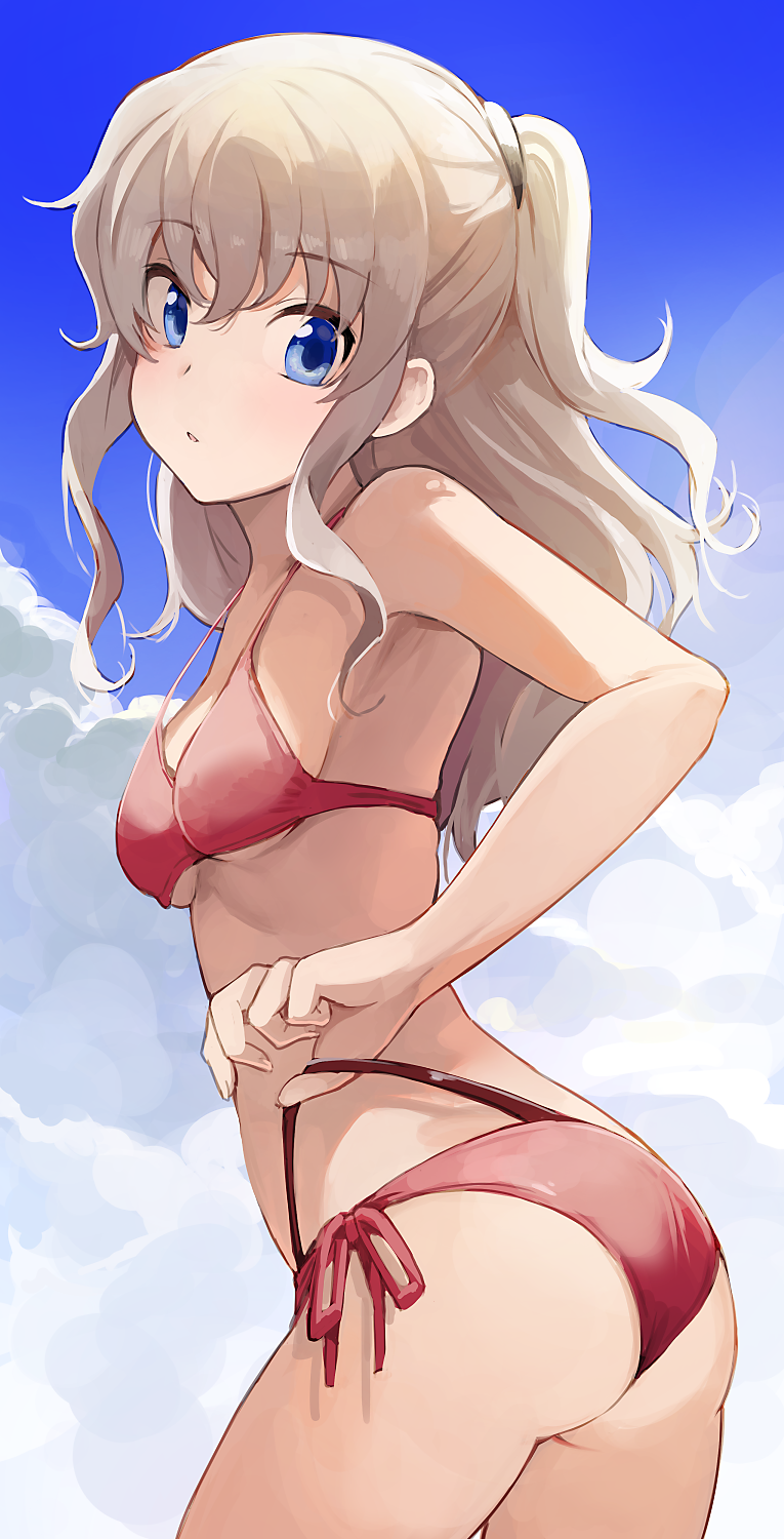 1girl :o armpit_peek ass bikini bikini_bottom_lift blue_eyes blue_sky breasts charlotte_(anime) clouds commentary cowboy_shot eyebrows_visible_through_hair from_side grey_hair highres hiroki_(yyqw7151) long_hair looking_at_viewer red_bikini side-tie_bikini side_ponytail sky small_breasts solo strap_gap strap_lift swimsuit tomori_nao