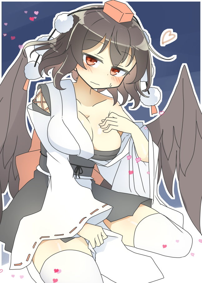 1girl black_hair black_wings blush breasts camera hat japanese_clothes kneeling matsu_kitsune shameimaru_aya solo touhou wings