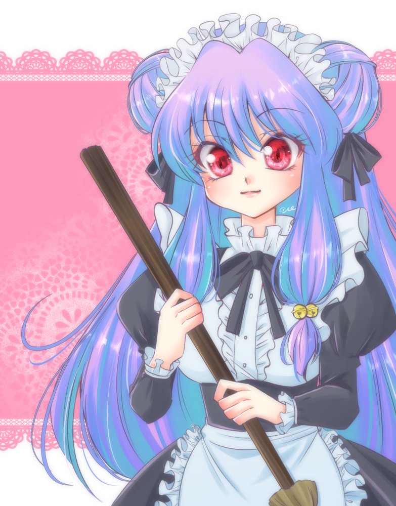 1girl apron broom double_bun eyeshadow frilled_apron frills long_hair maid maid_apron maid_headdress makeup puffy_sleeves purple_hair ranma_1/2 red_eyes shampoo_(ranma_1/2) solo uehara_doh waist_apron white_apron