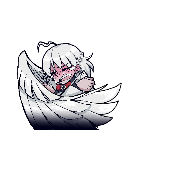 1girl ahoge blush bpw braid closed_eyes crossed_arms crying helltaker jewelry kishin_sagume open_mouth pendant short_hair silver_hair single_wing solo touhou warugaki_(sk-ii) wings