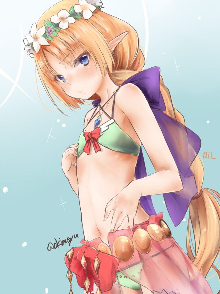 1girl akino_shuu bangs bare_arms bare_shoulders bikini blonde_hair blue_background blue_eyes blush bow character_request closed_mouth commentary_request elf eyebrows_visible_through_hair flat_chest flower flower_wreath green_bikini head_wreath long_hair navel parted_bangs pointy_ears purple_bow red_bow sennen_sensou_aigis signature solo swimsuit very_long_hair white_flower