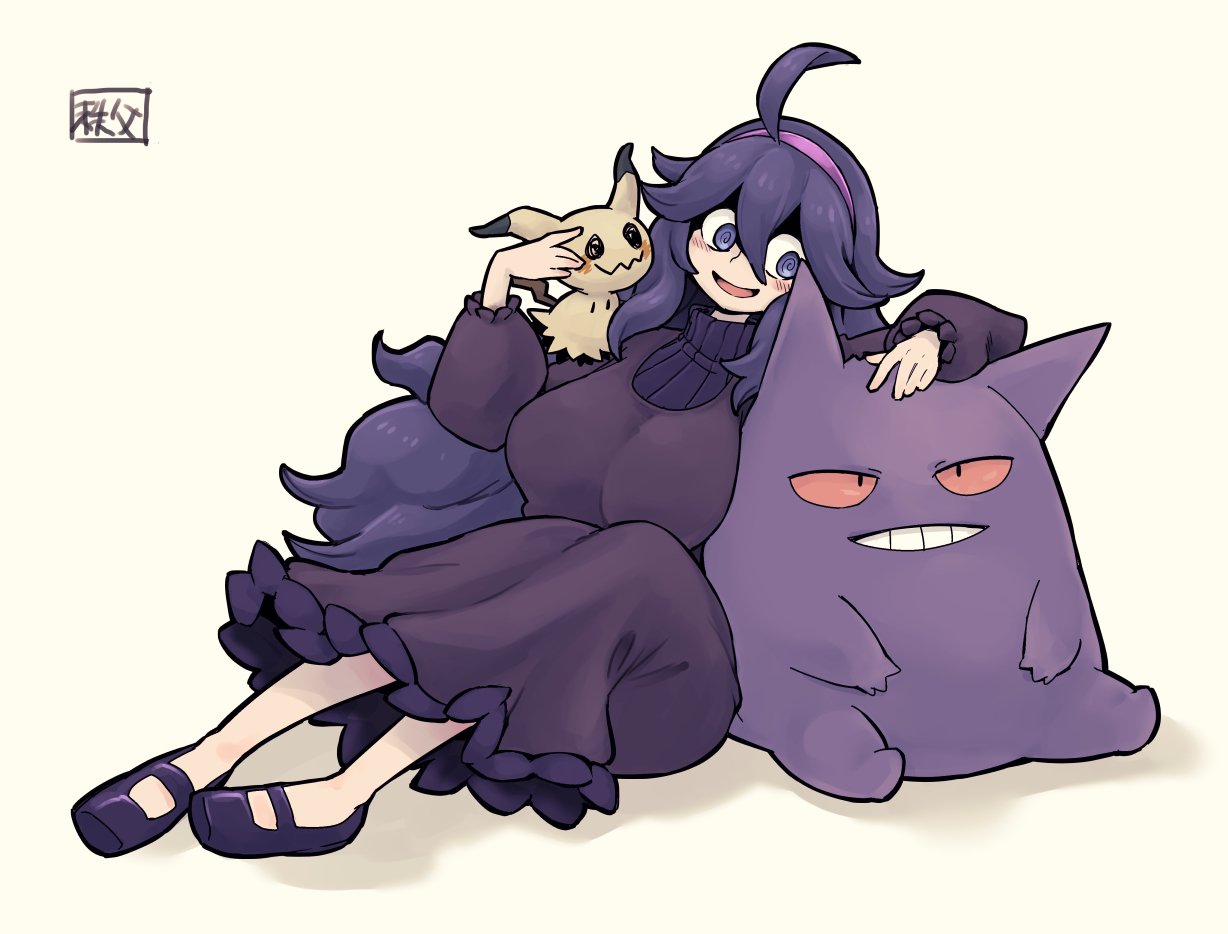 1girl :d @_@ ahoge bangs blush breasts chichibu_(chichichibu) commentary_request dress gen_1_pokemon gen_7_pokemon gengar hair_between_eyes hairband hex_maniac_(pokemon) long_dress long_hair messy_hair mimikyu npc_trainer on_shoulder open_mouth pokemon pokemon_(creature) pokemon_(game) pokemon_on_shoulder pokemon_xy purple_footwear purple_hair purple_hairband shoes sitting smile tongue violet_eyes