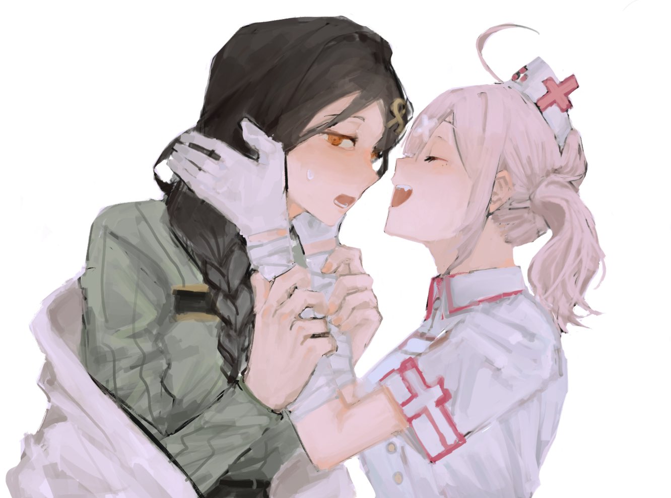 2girls ahoge bandaged_arm bandages black_hair blush closed_eyes commentary face-to-face facing_another from_side gloves green_sweater hands_on_another's_cheeks hands_on_another's_face hat kaiyi124 long_braid long_hair looking_away medium_hair multiple_girls nijisanji nurse nurse_cap open_mouth orange_eyes profile ribbed_sweater shirayuki_tomoe smile sukoya_kana sweat sweater upper_body virtual_youtuber white_background white_gloves white_hair white_wrist_cuffs yuri