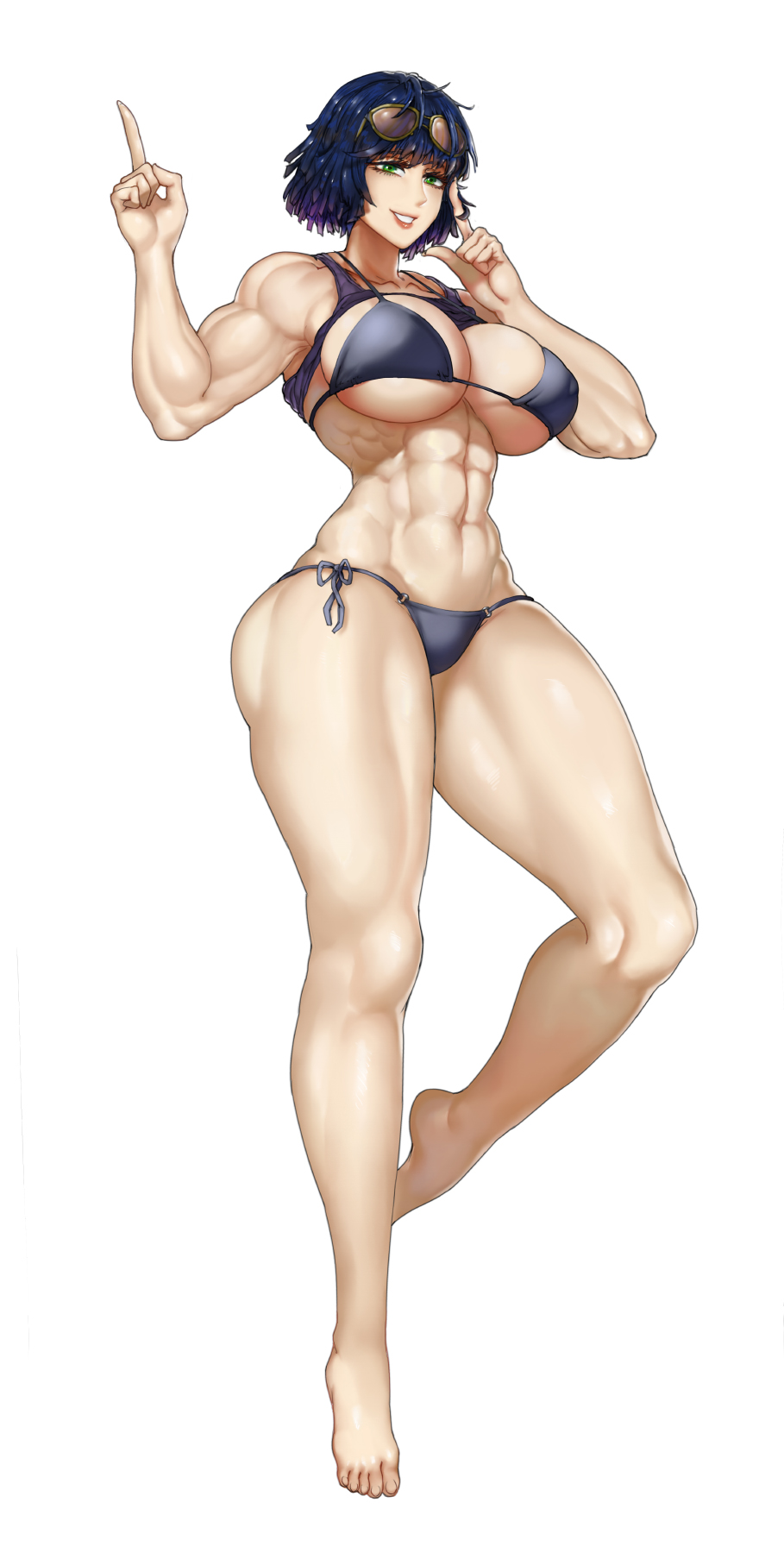 abs bikini blizzard breasts fubuki_(one-punch_man) glasses hair_twirling highres muscular muscular_female one-punch_man pointing swimsuit the_golden_smurf thick_thighs thighs