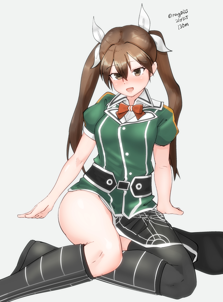 1girl asymmetrical_legwear brown_hair commentary_request dated grey_background hair_between_eyes hair_ribbon highres kantai_collection long_hair looking_at_viewer maru_(marg0613) military military_uniform one-hour_drawing_challenge pelvic_curtain remodel_(kantai_collection) ribbon simple_background single_thighhigh sitting smile solo thigh-highs tone_(kancolle) twintails twitter_username uneven_legwear uniform white_ribbon