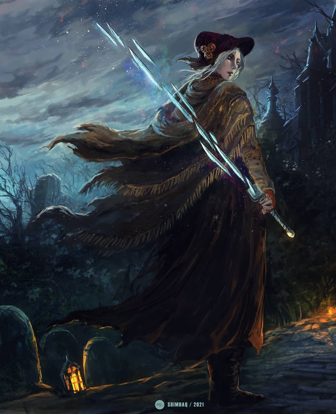 1girl bloodborne boots brown_footwear brown_skirt cape dated day from_behind full_body grey_hair grey_sky hat highres holding holding_sword holding_weapon looking_at_viewer outdoors plain_doll reverse_grip shimhaq signature skirt solo standing sword weapon