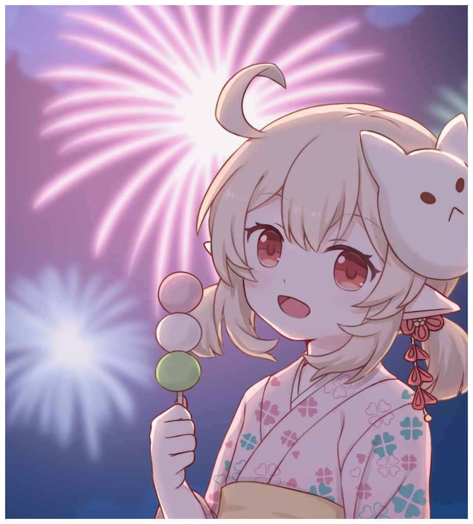 1girl :d ahoge alternate_costume bangs blurry clover_print commentary_request cute dango depth_of_field dodoco_(genshin_impact) eyebrows_visible_through_hair fireworks food genshin_impact hair_between_eyes hair_ornament holding holding_food japanese_clothes kagamine_ran kimono klee_(genshin_impact) light_brown_hair loli long_hair looking_at_viewer low_twintails mask mask_on_head mihoyo_technology_(shanghai)_co._ltd. open_mouth orange_eyes pointy_ears sidelocks smile solo summer summer_festival twintails wagashi yukata