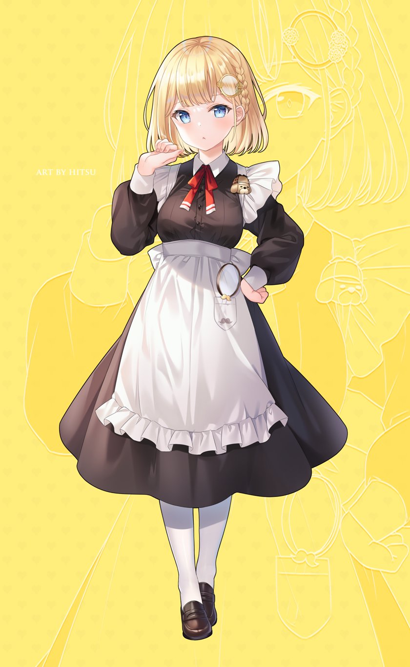 1girl apron bangs black_dress black_footwear blonde_hair blue_eyes braid breasts closed_mouth commentary dress eyebrows_visible_through_hair frilled_apron frills hair_ornament hand_on_hip hand_up highres hitsukuya hololive hololive_english loafers long_sleeves looking_at_viewer medium_breasts pantyhose puffy_long_sleeves puffy_sleeves shoes solo virtual_youtuber watson_amelia white_apron white_legwear yellow_background zoom_layer