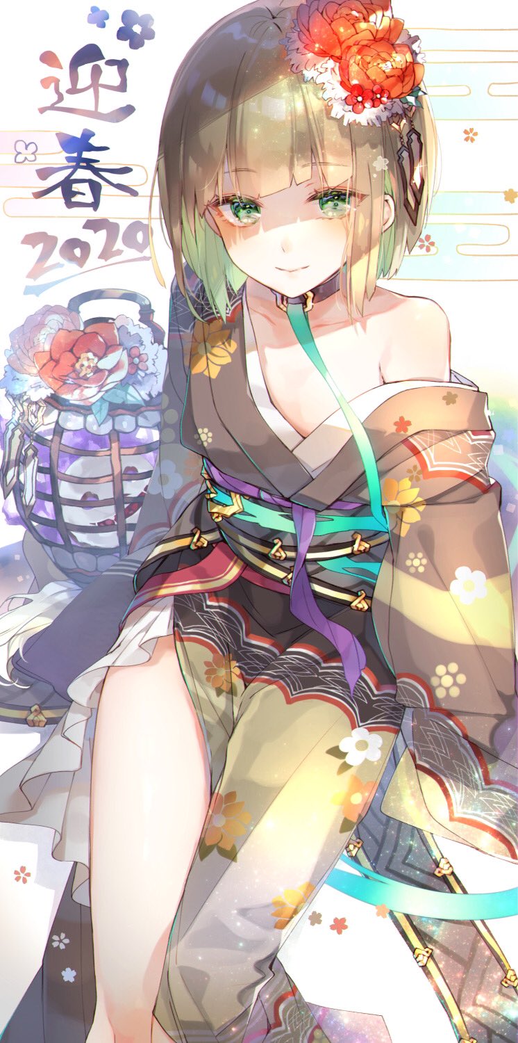 1boy bangs blunt_bangs bob_cut brown_hair cage choker closed_mouth eyebrows_visible_through_hair flower green_eyes green_hair gretel_(sinoalice) hair_flower hair_ornament hansel_(sinoalice) highres japanese_clothes kimono looking_at_viewer male_focus mcmcmococo otoko_no_ko piercing smile solo