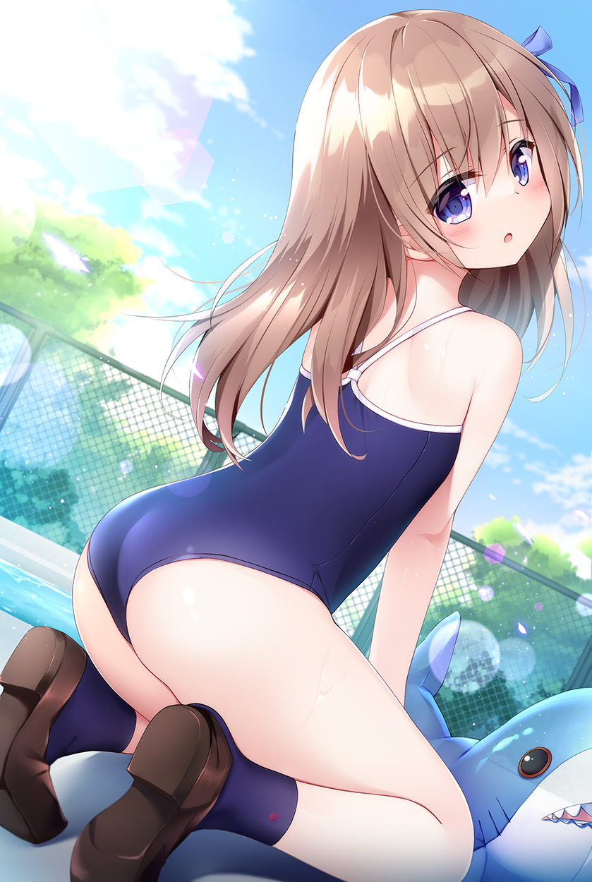 1girl :o ass bangs bare_arms bare_shoulders blue_bow blue_eyes blue_legwear blue_swimsuit blush bow brown_footwear brown_hair chain-link_fence commentary_request day eyebrows_visible_through_hair fence from_behind hair_between_eyes hair_bow hatsuhi head_tilt highres inflatable_shark inflatable_toy loafers long_hair looking_at_viewer looking_back one-piece_swimsuit original outdoors parted_lips school_swimsuit shoe_soles shoes socks solo swimsuit