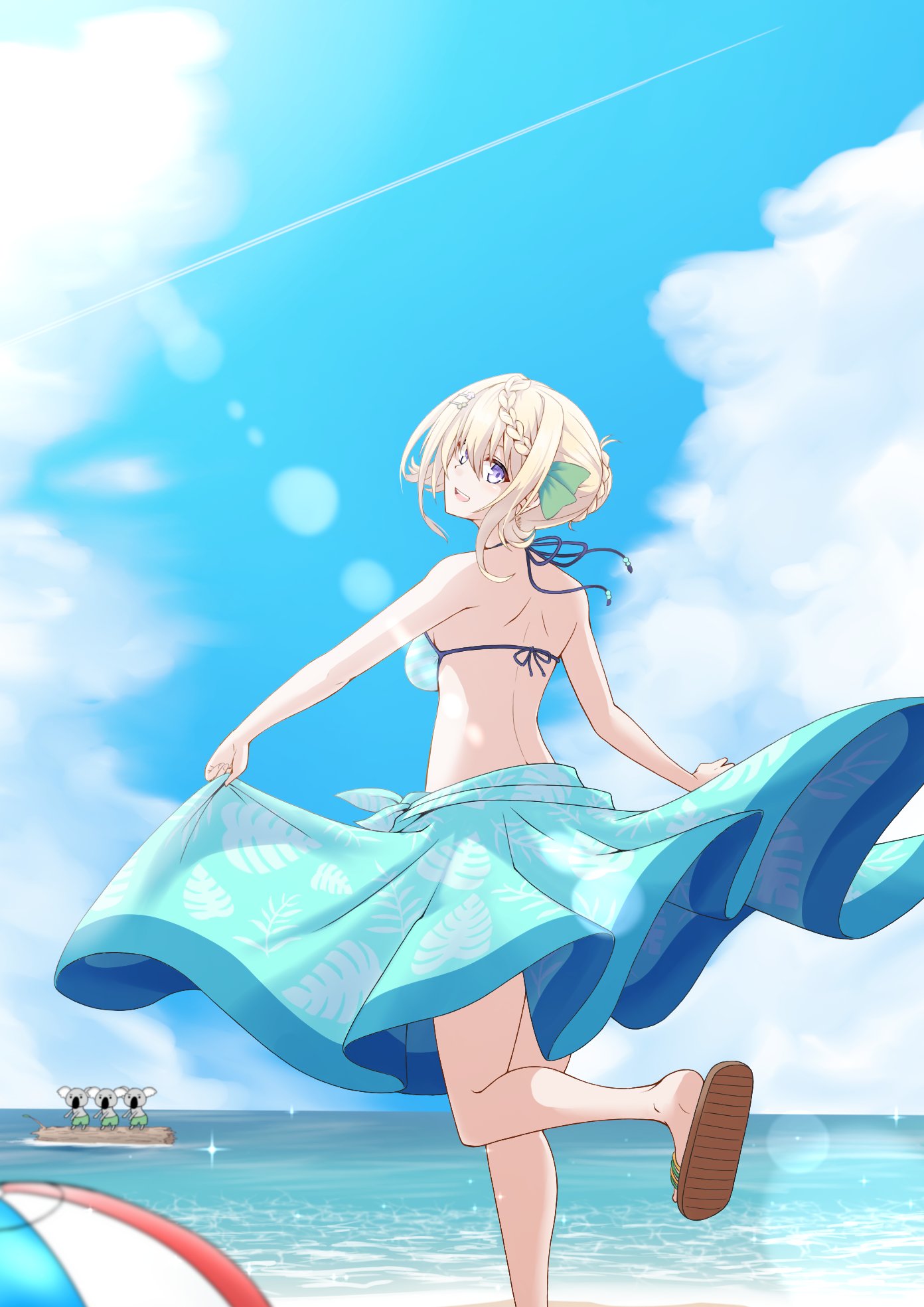 1girl animal ball bangs beach beachball bikini blonde_hair blue_bikini braid braided_bangs braided_bun breasts clouds day from_behind hair_between_eyes hair_bun hair_ribbon head_tilt highres kantai_collection koala leaf_print looking_at_viewer medium_breasts ocean open_mouth outdoors perth_(kancolle) ribbon sandals sarong sky string_bikini striped suke_(share_koube) swimsuit violet_eyes water