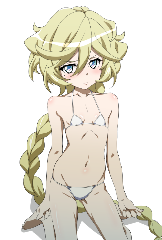 1girl bikini blonde_hair blue_eyes blush braid braided_ponytail breasts carol_malus_dienheim closed_mouth collarbone eyebrows_visible_through_hair fujikawa_daichi groin long_hair looking_at_viewer mole mole_under_eye navel ponytail senki_zesshou_symphogear shiny shiny_hair simple_background sitting small_breasts solo swimsuit white_background white_bikini