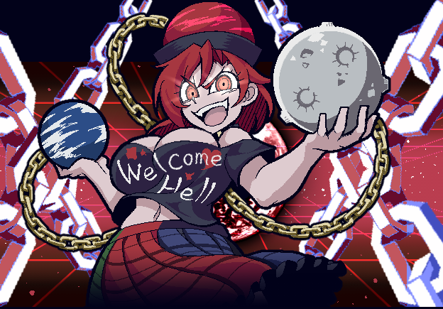 1girl bare_shoulders black_shirt breasts chain clothes_writing hat hecatia_lapislazuli helltaker looking_at_viewer multicolored multicolored_clothes off-shoulder_shirt off_shoulder open_mouth polos_crown red_eyes redhead shirt skirt solo t-shirt touhou warugaki_(sk-ii)
