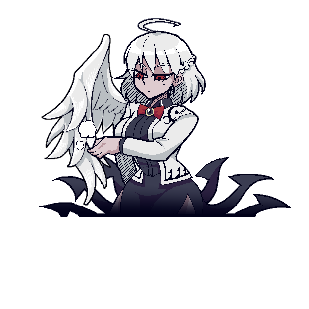 1girl ahoge bow bowtie braid breasts dress feathered_wings helltaker jacket kishin_sagume long_sleeves purple_dress red_eyes short_hair silver_hair single_wing solo touhou warugaki_(sk-ii) wings