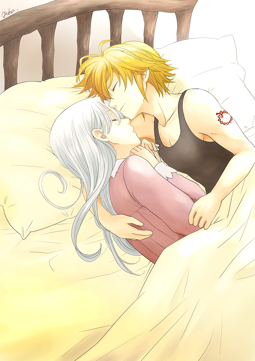 1boy 1girl arm_tattoo bangs bed black_tank_top blonde_hair closed_eyes collarbone couple elizabeth_liones hair_between_eyes harumiya hetero long_hair long_sleeves lying meliodas nanatsu_no_taizai on_side pillow pink_shirt profile shiny shiny_hair shirt short_hair silver_hair sleeping straight_hair tank_top tattoo under_covers upper_body