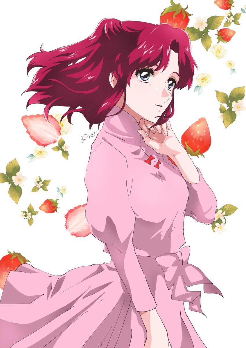 1girl bow cowboy_shot dress flay_allster flower grey_eyes gundam gundam_seed half_updo highres leaf long_sleeves medium_hair parted_lips pink_bow pink_dress red_bow shiina_yousei simple_background solo strawberry_background