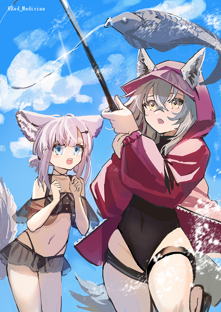2girls :o animal_ears arknights bikini black_bikini black_swimsuit blue_eyes clouds commentary covered_navel ears_through_headwear fang fish fishing fishing_rod fox_ears fox_girl fox_tail hair_between_eyes hair_ornament hairclip highleg highleg_swimsuit holding holding_fishing_rod hood hood_up jacket light_brown_hair multiple_girls navel official_alternate_costume one-piece_swimsuit open_mouth projekt_red_(arknights) projekt_red_(light_breeze)_(arknights) red_(girllove) red_jacket sky sussurro_(arknights) sussurro_(summer_flowers)_(arknights) swimsuit tail thigh_strap twitter_username wolf_ears yellow_eyes