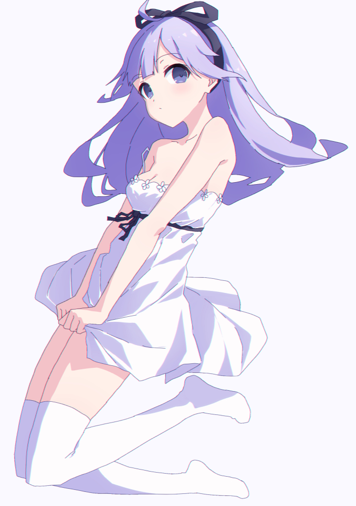 1girl ahoge azur_lane bangs bare_shoulders black_ribbon closed_mouth commentary dress eyebrows_visible_through_hair full_body hair_ribbon long_hair looking_at_viewer oueo purple_hair ribbon shadow simple_background solo thigh-highs unicorn_(azur_lane) violet_eyes white_background white_dress white_legwear