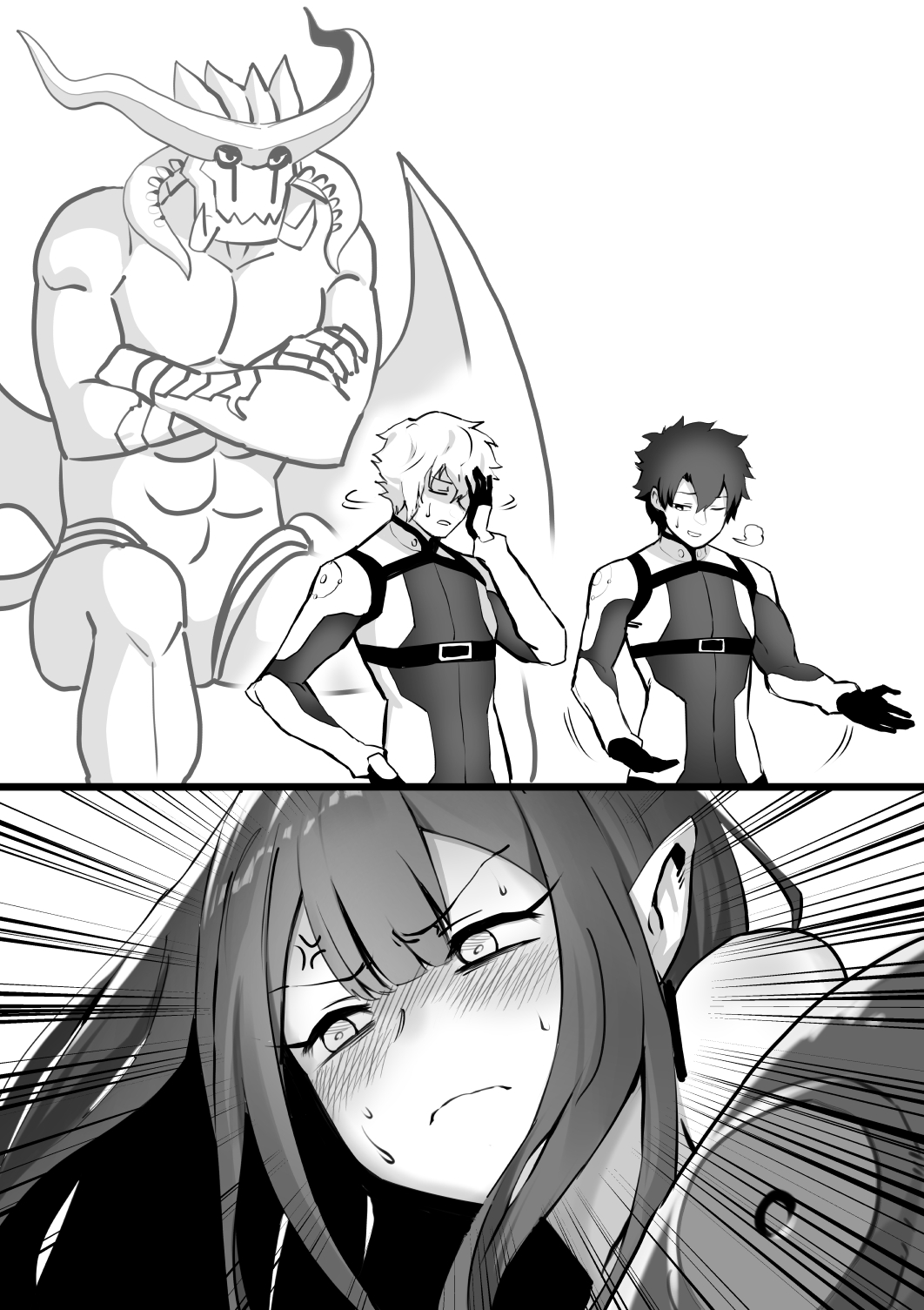 1girl 2boys akizora anger_vein blush chaldea_combat_uniform crossed_arms demon devilman emphasis_lines facepalm fairy_knight_tristan_(fate) fate/grand_order fate_(series) fujimaru_ritsuka_(male) greyscale highres horns kadoc_zemlupus long_hair meme monochrome monster multiple_boys pointy_ears shrugging sigh