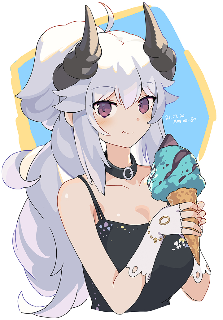 1girl :t ahoge asicah black_collar black_tank_top blush collar dated fingerless_gloves food gloves holding holding_food horns ice_cream ice_cream_cone long_hair looking_at_viewer original smile solo tank_top upper_body very_long_hair violet_eyes white_gloves white_hair