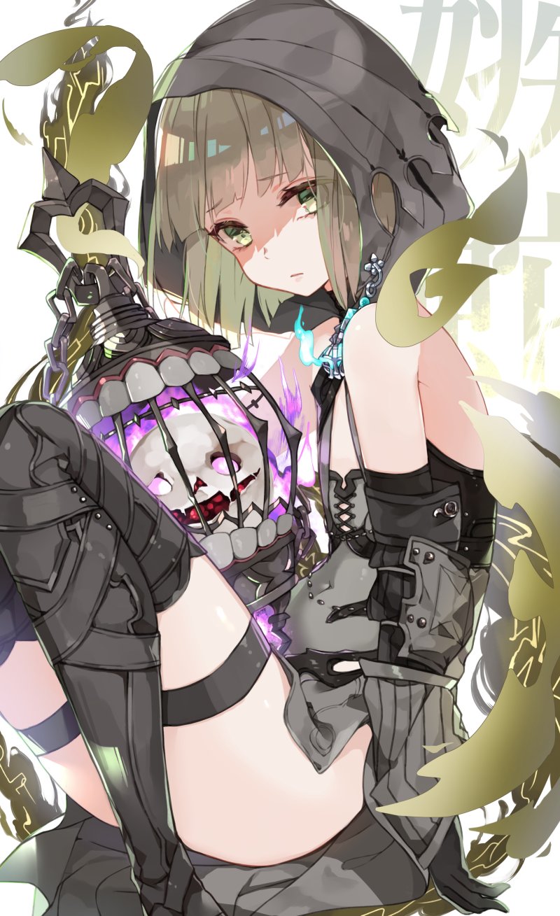 1boy bangs black_gloves blunt_bangs bob_cut boots brown_hair cage choker closed_mouth corruption dress food gloves green_eyes green_hair gretel_(sinoalice) hansel_(sinoalice) highres hood hood_up legband male_focus mcmcmococo multicolored_hair otoko_no_ko pie sad simple_background sinoalice smoke thigh-highs thigh_boots two-tone_hair white_background